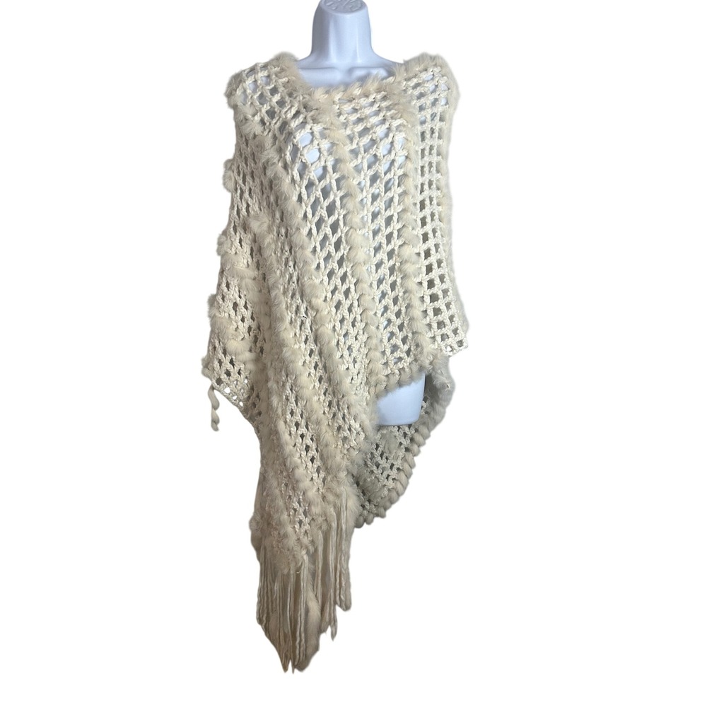 Harry Angd Women Cream Crochet Poncho Faux Fur Trim Fringe Open Knit One Size